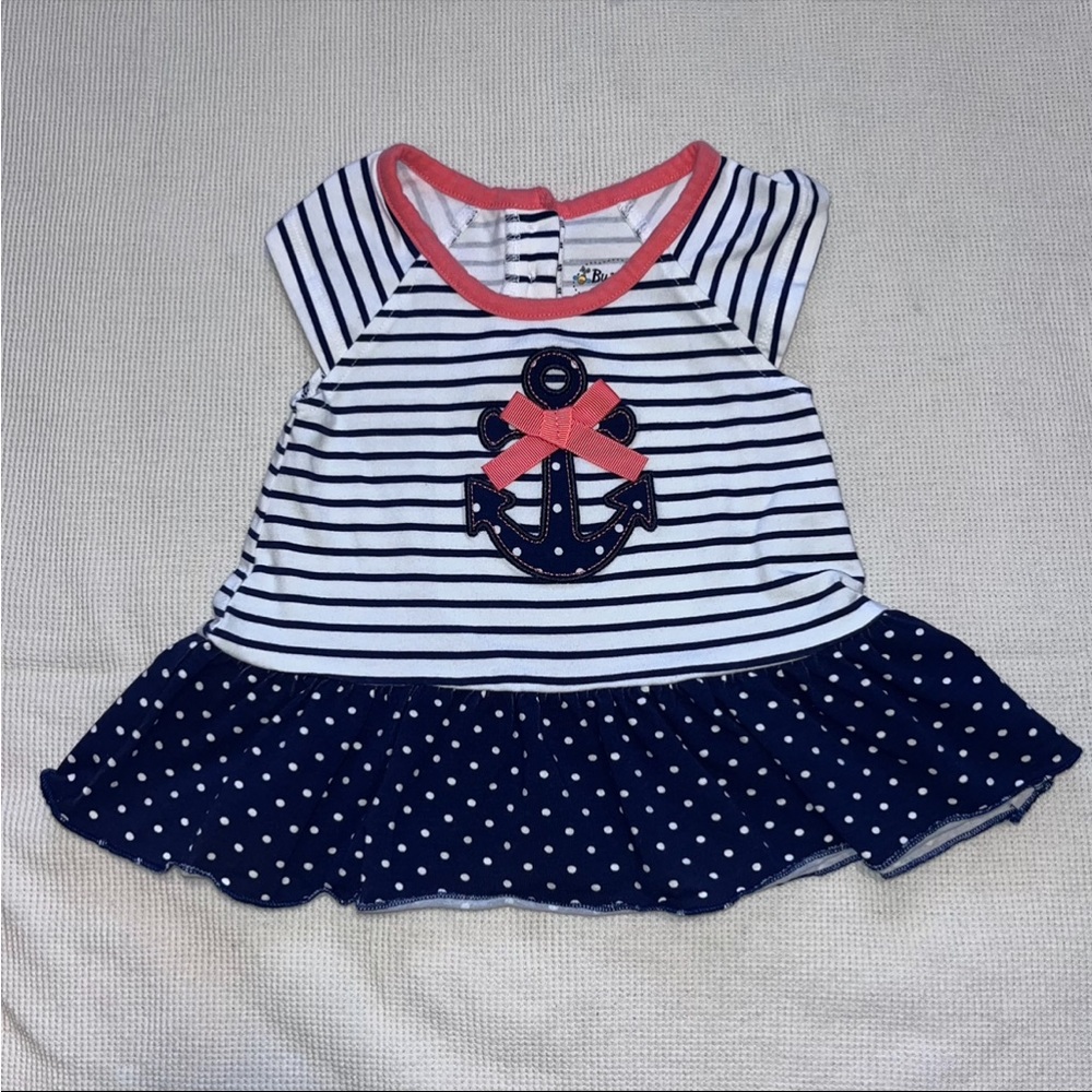 Bumble & Birdie Striped Baby Dress with Coral Trim
